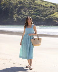 Sleeveless Tiered Dress with Wide Straps and Pockets - Clover Stripe