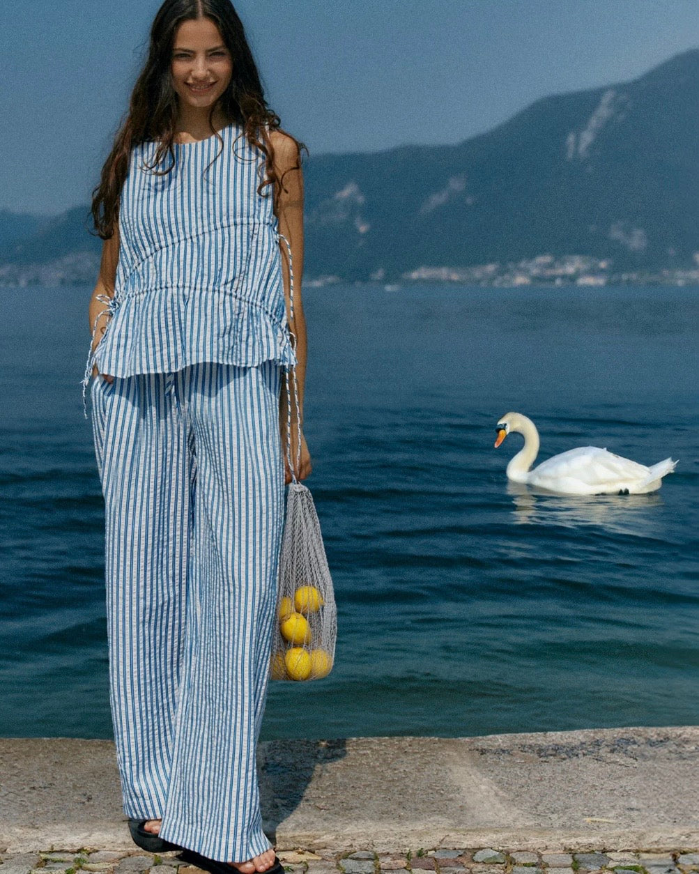 Aziza Gathered Tie Top / Blue / White Stripe