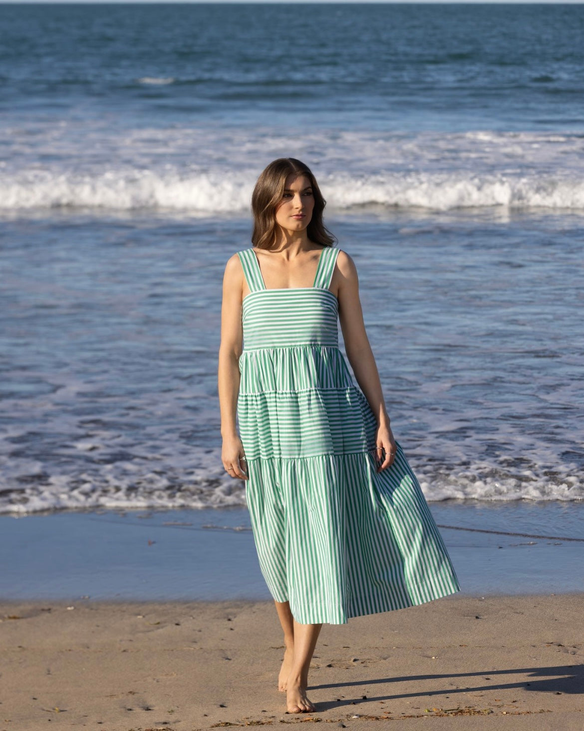 Sleeveless Tiered Dress with Wide Straps and Pockets - Clover Stripe