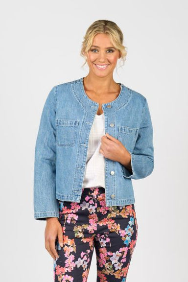 Collarless Denim Jacket - Light Wash