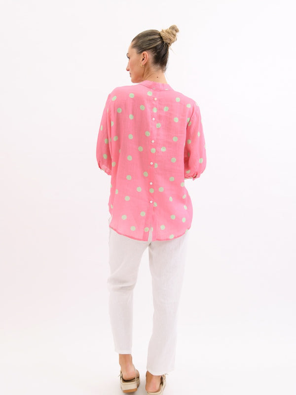 Dottie Linen Shirt  Pink & Green - Girl Next Door Fashion
