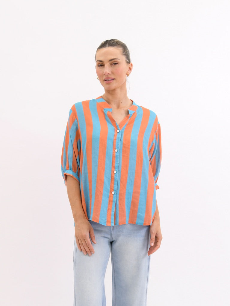 Dorothy Stripe Linen Shirt - Aqua & Orange - Girl Next Door Fashion