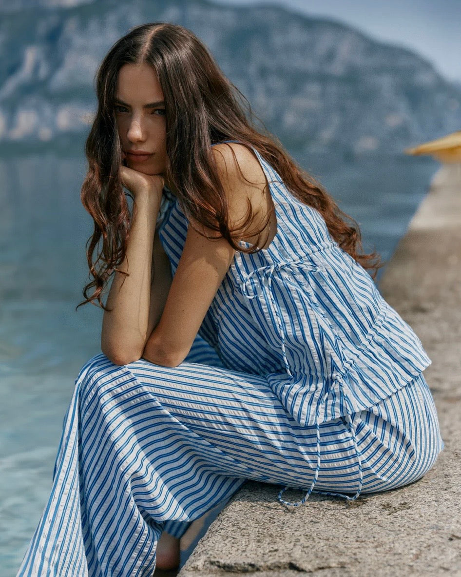 Aziza Gathered Tie Top / Blue / White Stripe