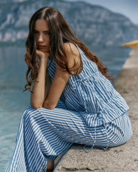 Aziza Gathered Tie Top / Blue / White Stripe