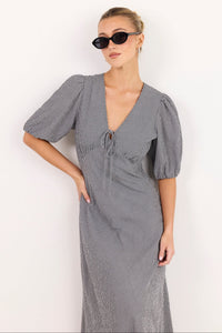 Accolade Black White Mini Gingham Mid Sleeve Tie Detail Midi Dress