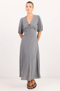 Accolade Black White Mini Gingham Mid Sleeve Tie Detail Midi Dress