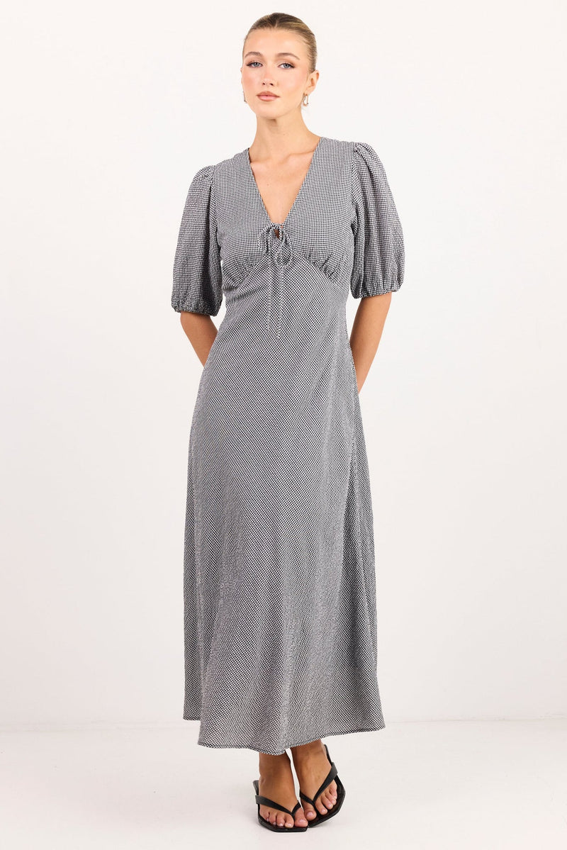 Accolade Black White Mini Gingham Mid Sleeve Tie Detail Midi Dress