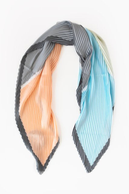 Pleated Scarf - Apricot, Blue & Grey Block