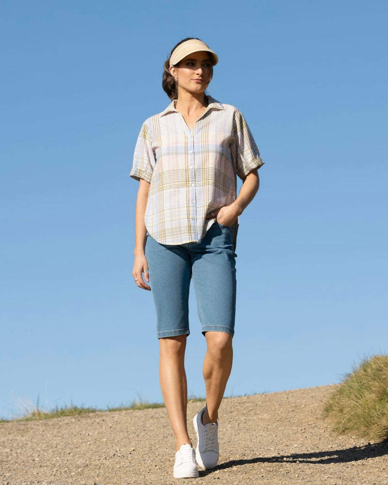 Dropped Shoulder Shirt with Rounded Hem - Blue Check