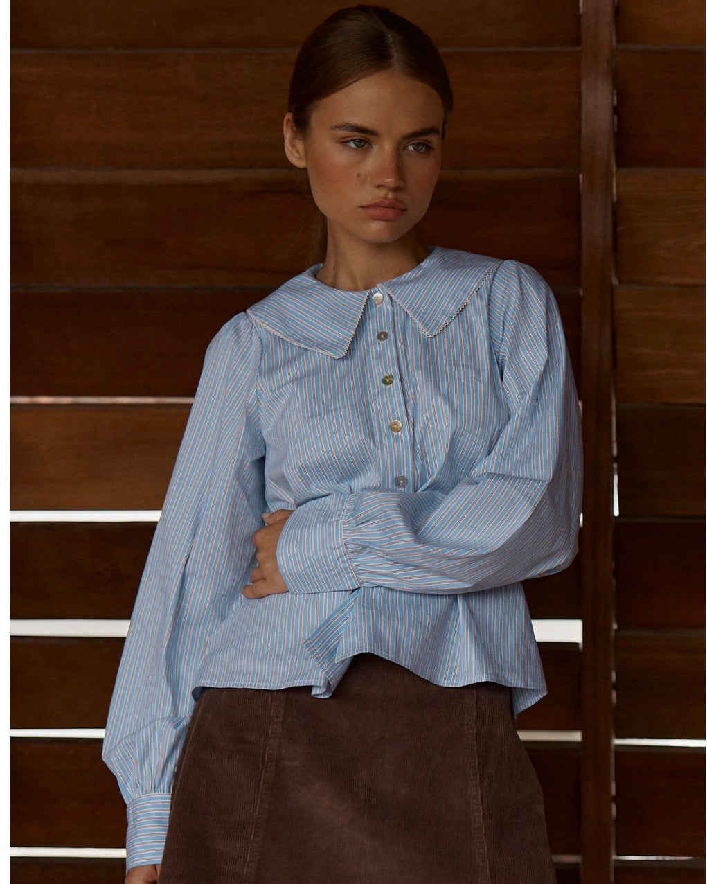 Gypsy Large Collared Shirt - Blue/Choc Stripe