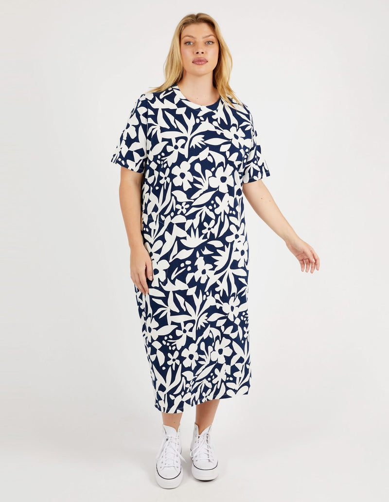 Stencil Floral Tee Dress - Naval Blue Floral Print