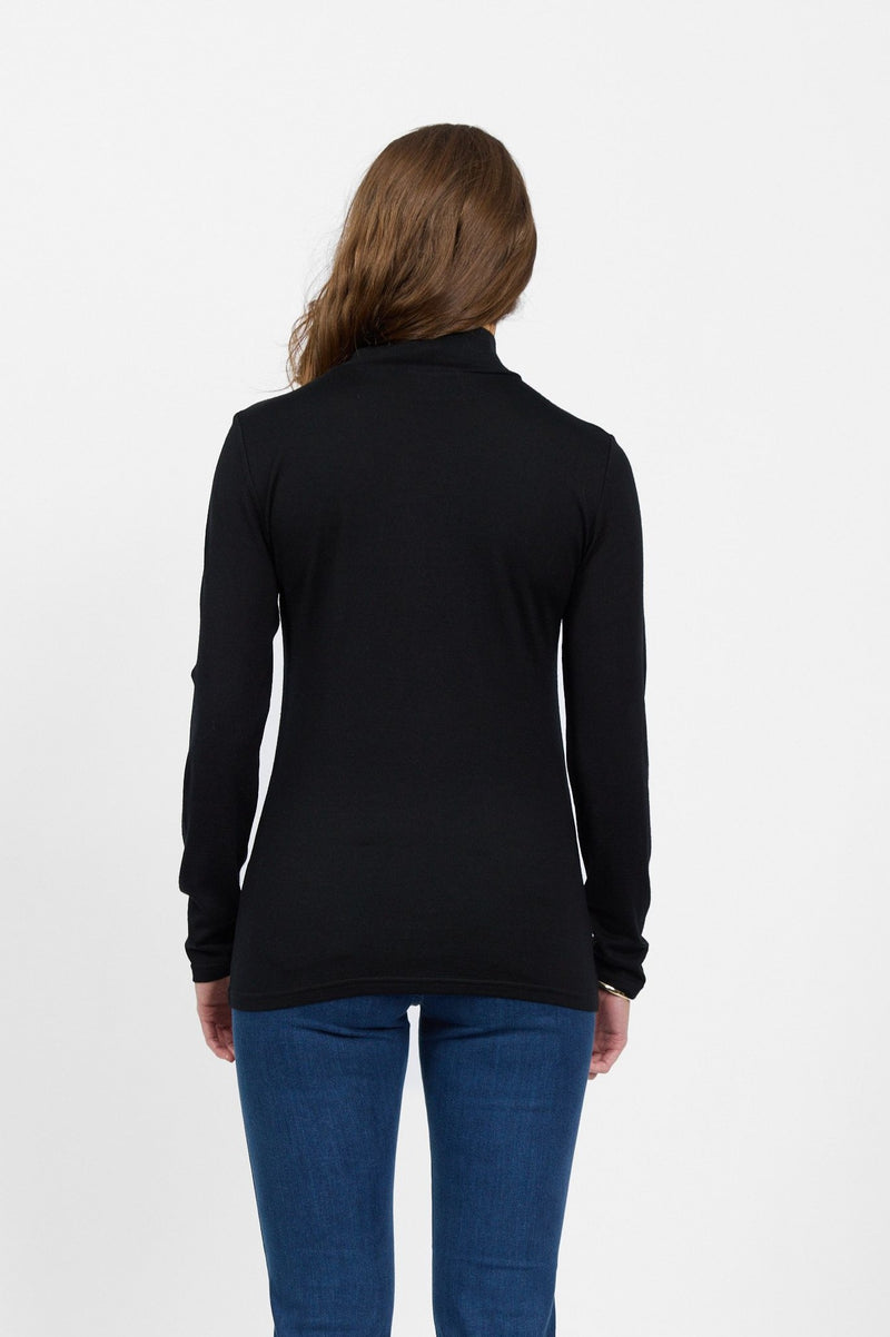 Merino Basic Long Sleeve Polo Neck Top - Black