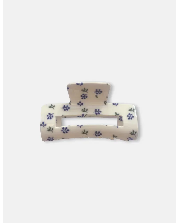 Rounded Rectangle Hair Claw - Blue Floral