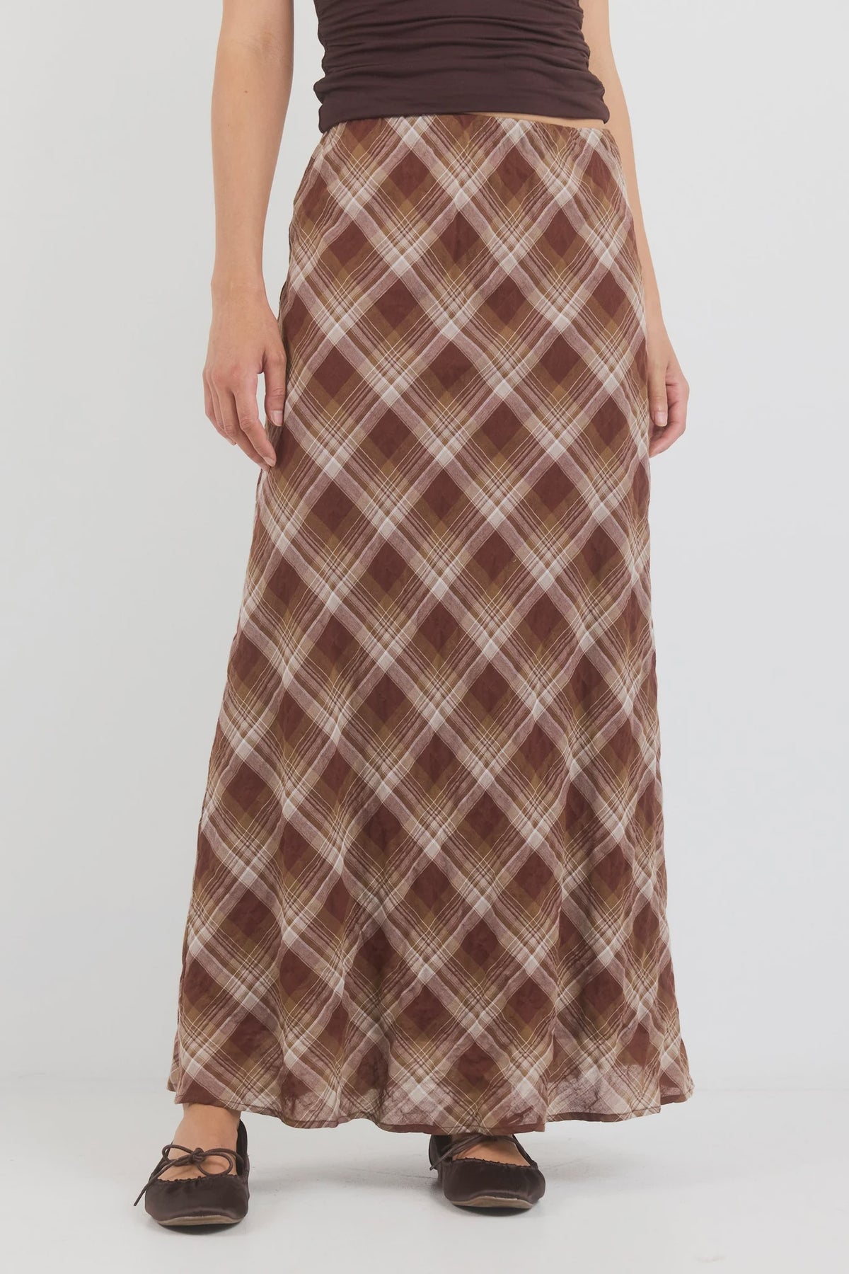 Breathe Brown Check Bias Maxi Skirt