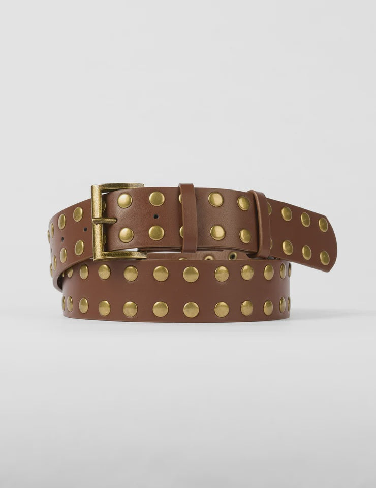 Brown Belt - Antique Gold Studs