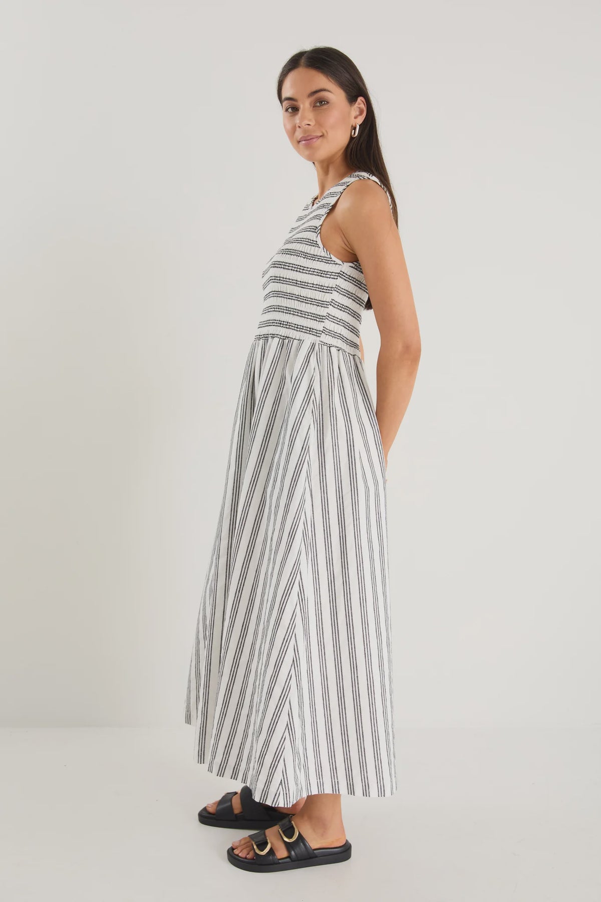 Bryar Ivory Black Stripe Cotton Sleeveless Shirred Bodice Midi Dress