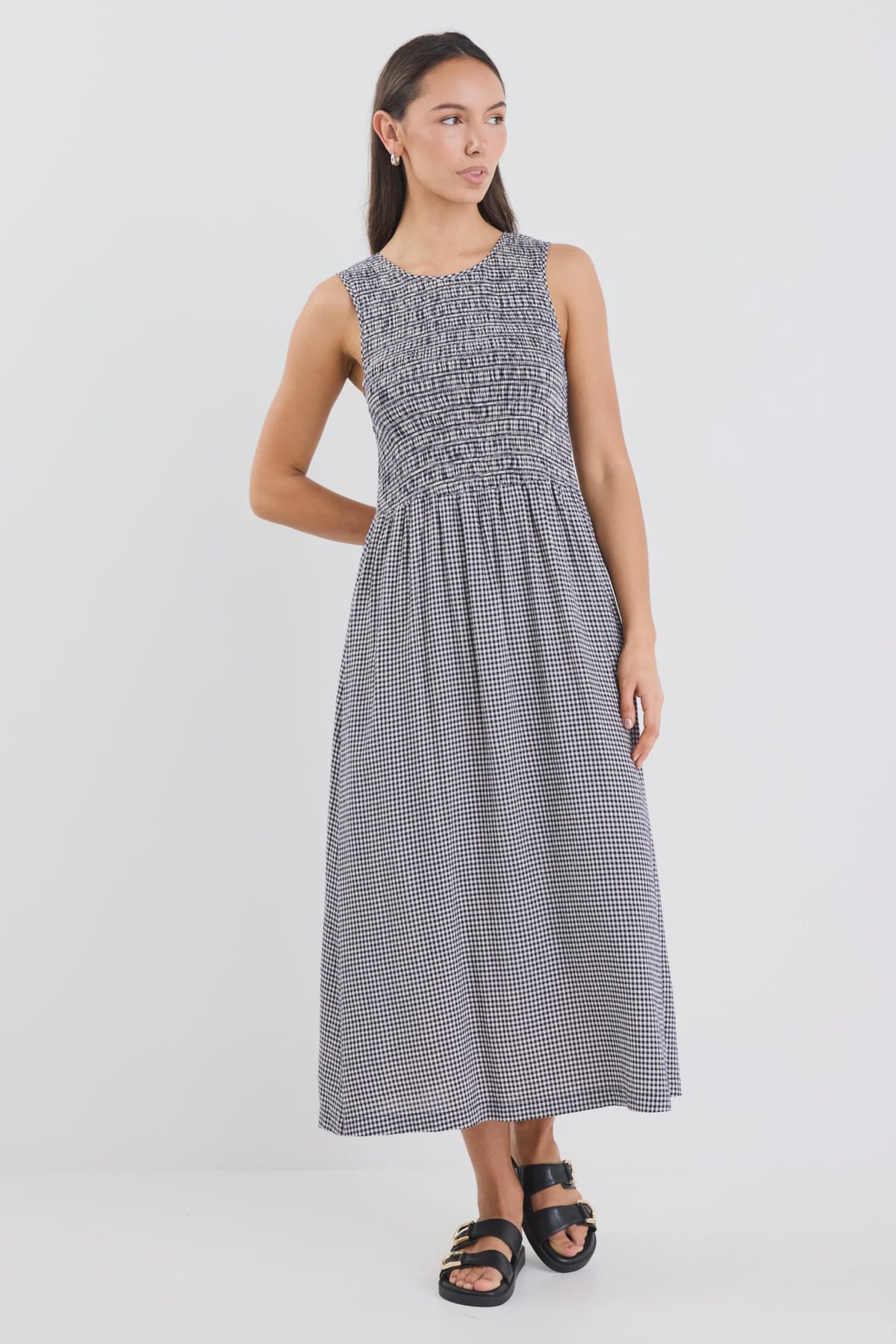 Bryar Navy Mini Gingham Sleeveless Shirred Bodice Midi Dress