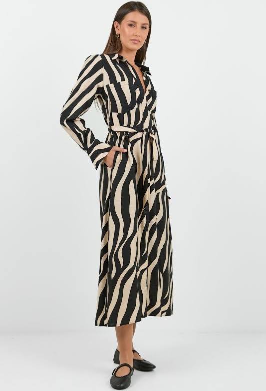 Cyprus Black Cream Safari LS Shirt Midi Dress