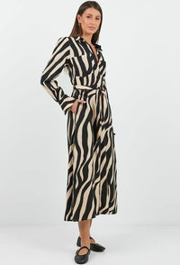 Cyprus Black Cream Safari LS Shirt Midi Dress