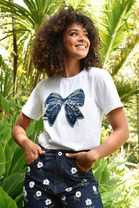 Simple Bowtiful Tshirt - White & Denim