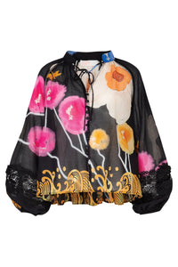Lace To The Top Blouse - Black Floral