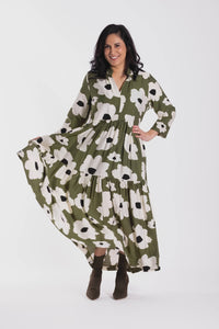 Collar Tiered Dress - Monochrome Meadow