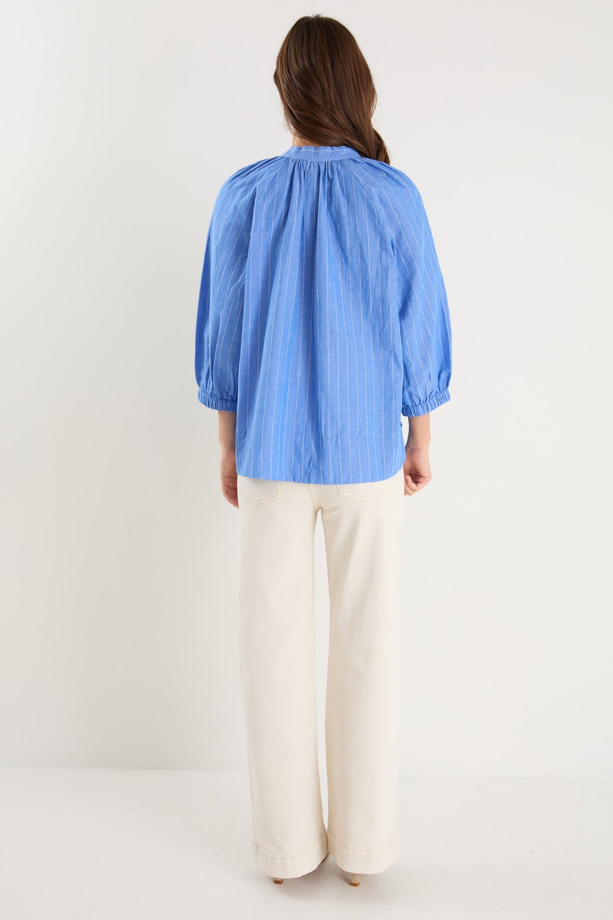 Compliment French Blue Stripe Blouson Mid Sleeve Top