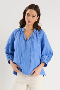 Compliment French Blue Stripe Blouson Mid Sleeve Top