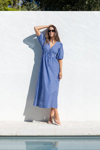 Confide Blue Stripe Deep V Maxi Dress