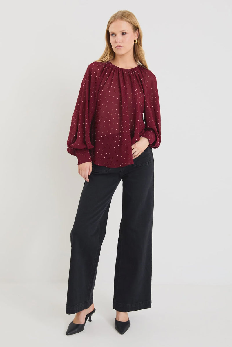Cosmopolitan Burgundy Polka Dot Crew Neck Floaty LS Top - Burgundy Polka Dot - Girl Next Door Fashion