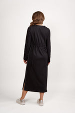 Long Sleeve Knit Dress With Tie Back And Contrast Stitch Detail - Ink/Cream