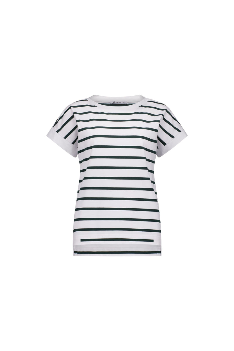 Drop Sleeve Top with Stepped Hem - White/Forest Stripe