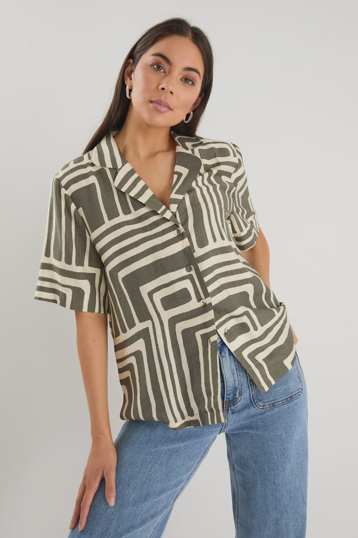 Dispatch Khaki Maze Print Short Sleeved Boxy Shirt