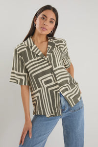 Dispatch Khaki Maze Print Short Sleeved Boxy Shirt