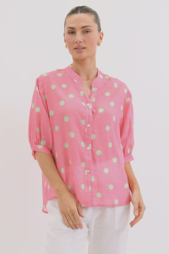 Dottie Linen Shirt  Pink & Green - Girl Next Door Fashion