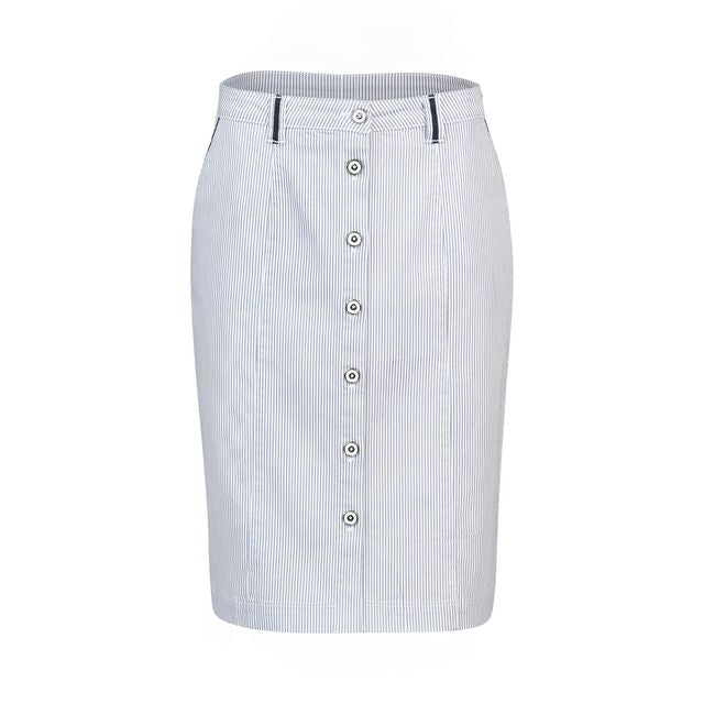 Knee Length Skirt with Contrast Buttons and Trim - Ink/White Stripe