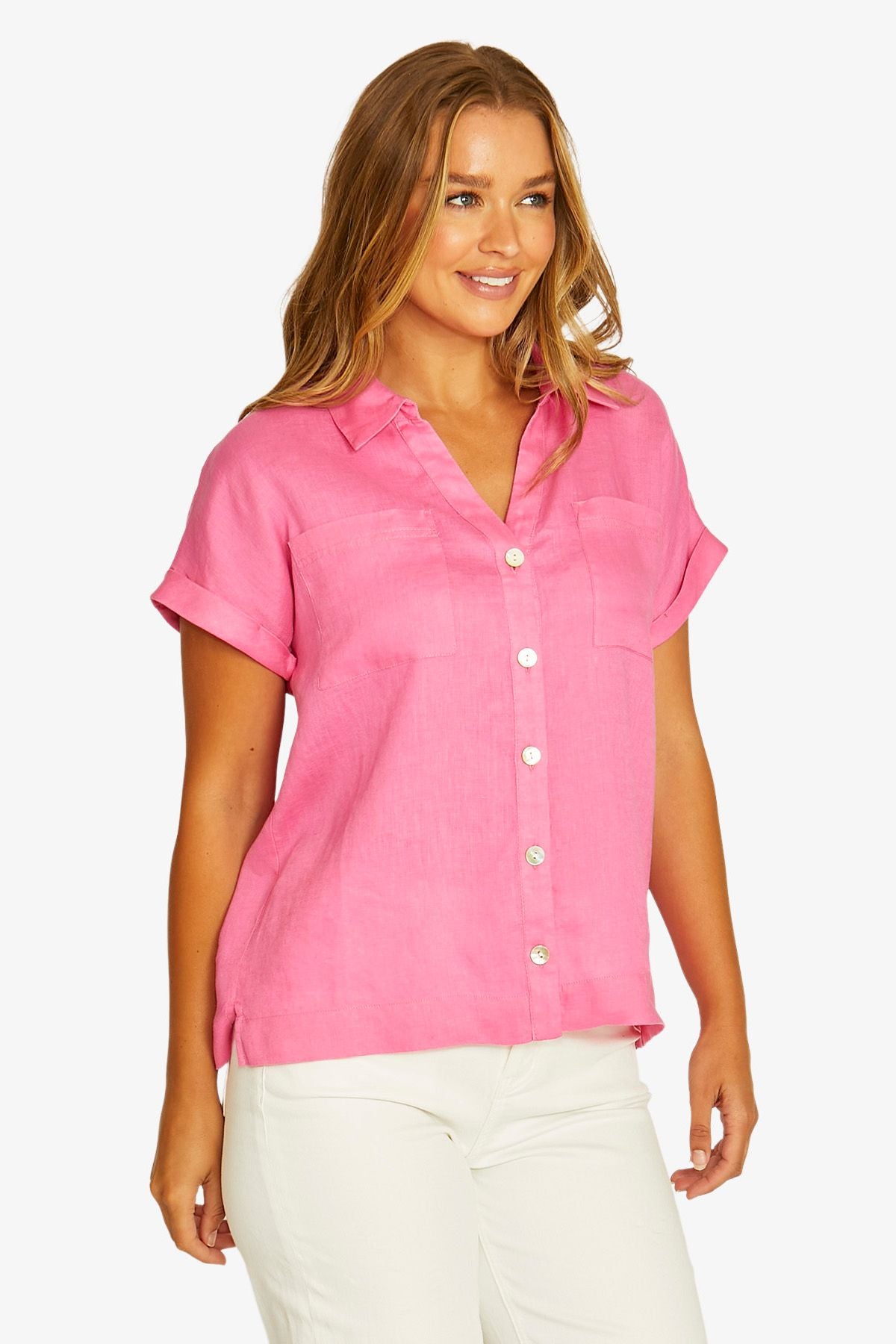 Open Neck S/S Shirt / Hot Pink