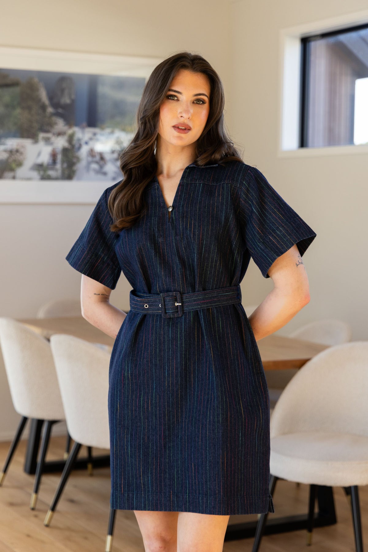 Denim Mini Dress / Colourful Stripe