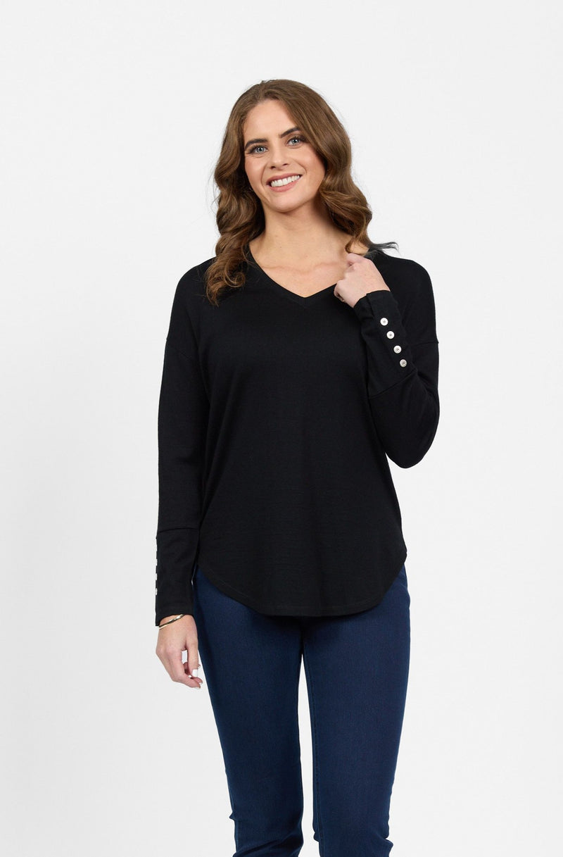 Merino V-Neck Top With Button Cuff Detail - Black