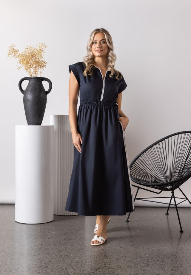 Vneck Shirred Waist Dress with Contrast Trim and Pockets - Ink/White