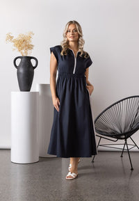Vneck Shirred Waist Dress with Contrast Trim and Pockets - Ink/White