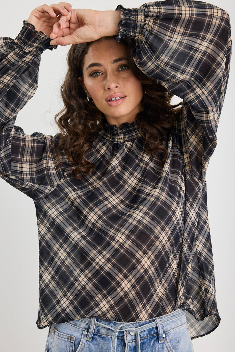 Embrace Black Check Chiffon Shirred Neck LS Top