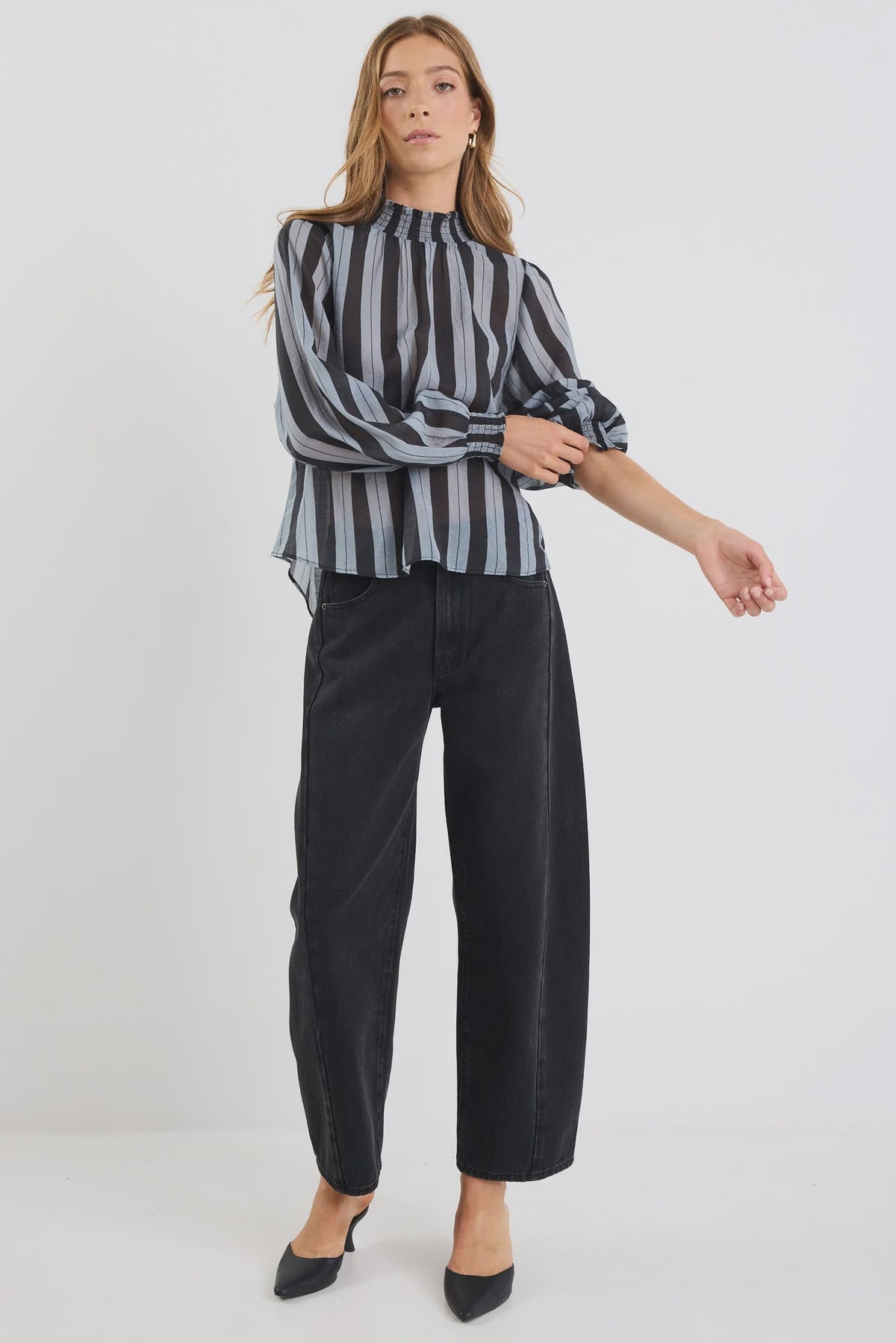 Embrace Grey Stripe Shirred Neck LS Top