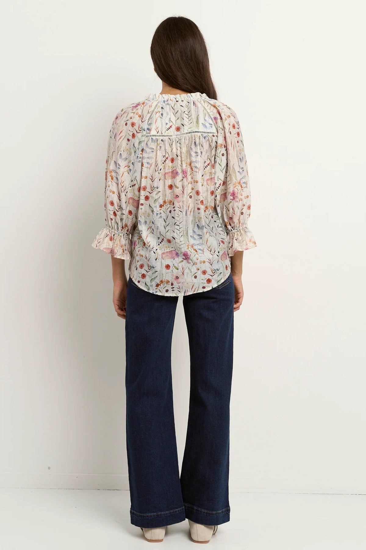 Encounter Gathered Button Front Top - Cream Floral