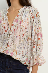 Encounter Gathered Button Front Top - Cream Floral