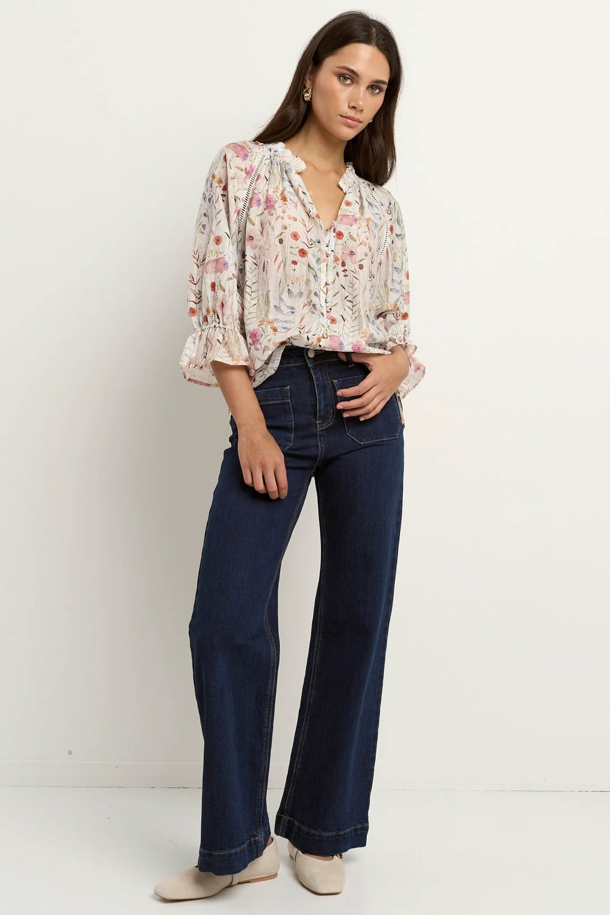 Encounter Gathered Button Front Top - Cream Floral