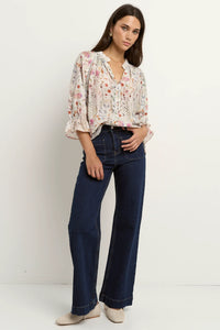 Encounter Gathered Button Front Top - Cream Floral