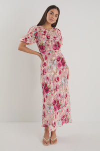 Exquisite Painted Rose Puff Sleeve Midi Dress