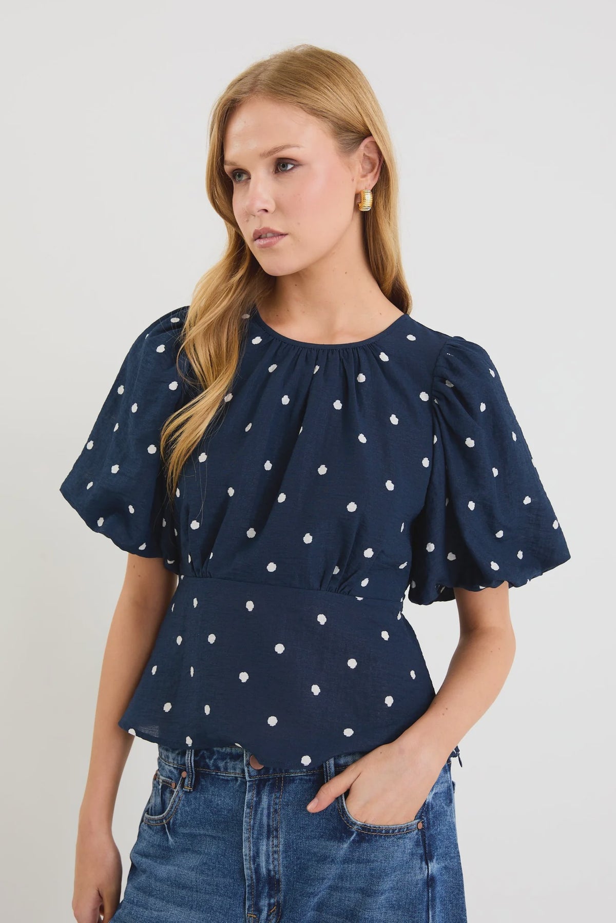 Finali Navy Polka Dot Bubble Sleeve Top - Girl Next Door Fashion