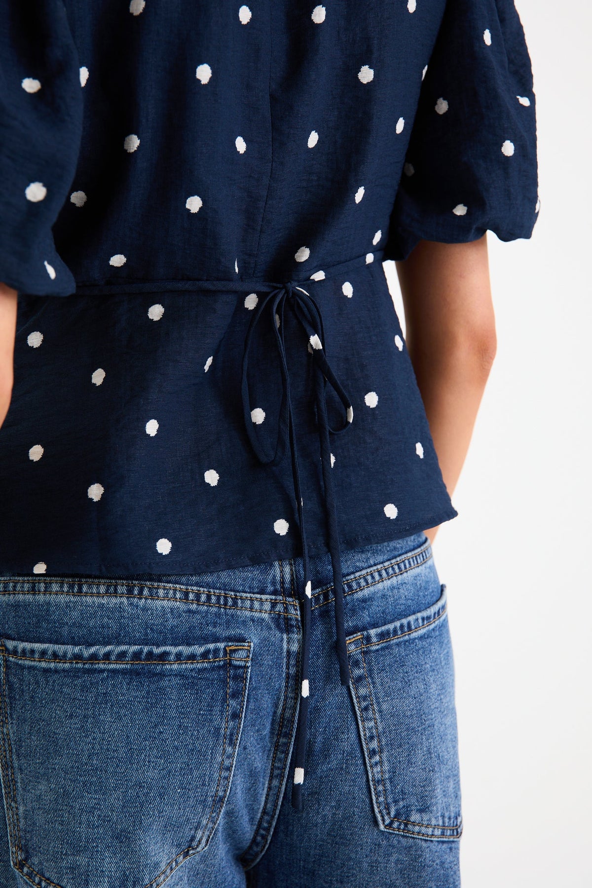 Finali Navy Polka Dot Bubble Sleeve Top - Girl Next Door Fashion